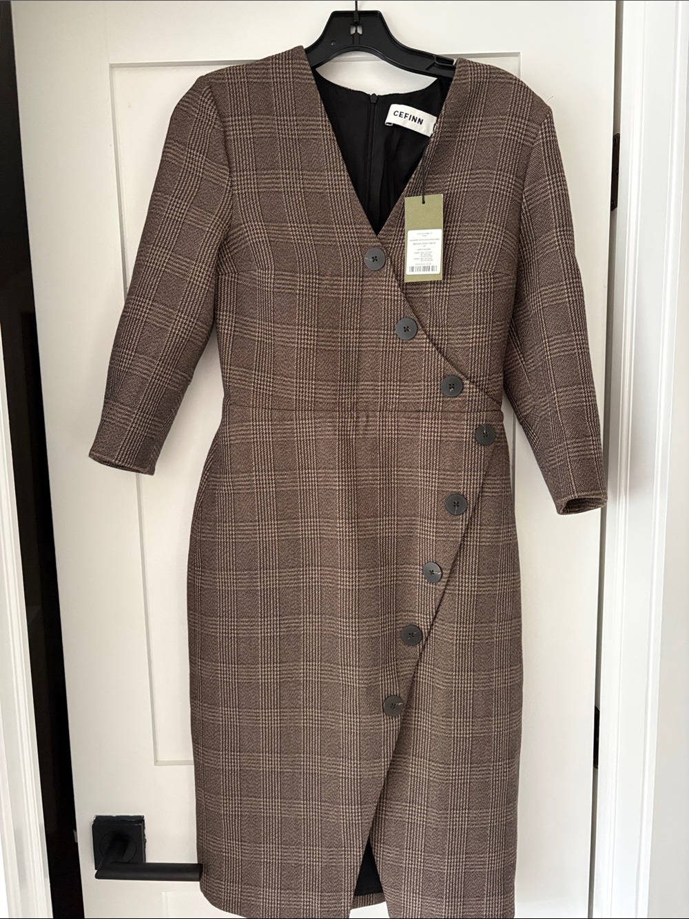 CEFIN Sofia prince of Wales Checked  cotton blend Wrap Midi Dress in Brown - Picture 3 of 4